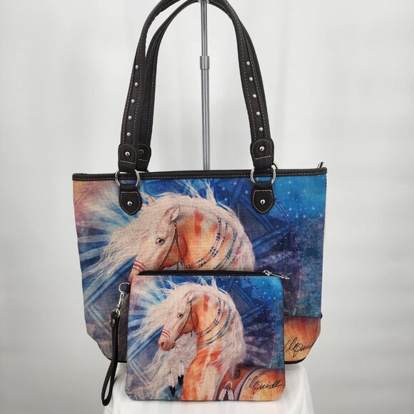 MONTANA WEST Horse Graphic Canvas Shoulder Tote & Wristlet Set NWT - Picture 4 of 11